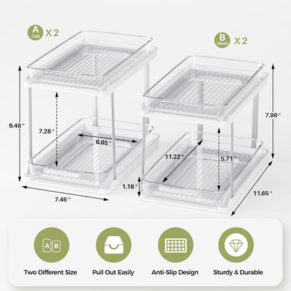 Delamu 2-Tier Bathroom Under Sink Organizers and Storage, Pull Out Cabinet Drawers with Anti-Slip Design, Multi-Purpose Storage for Kitchen, Pantry, Bathroom & Home Organization, White, 4 Pack
