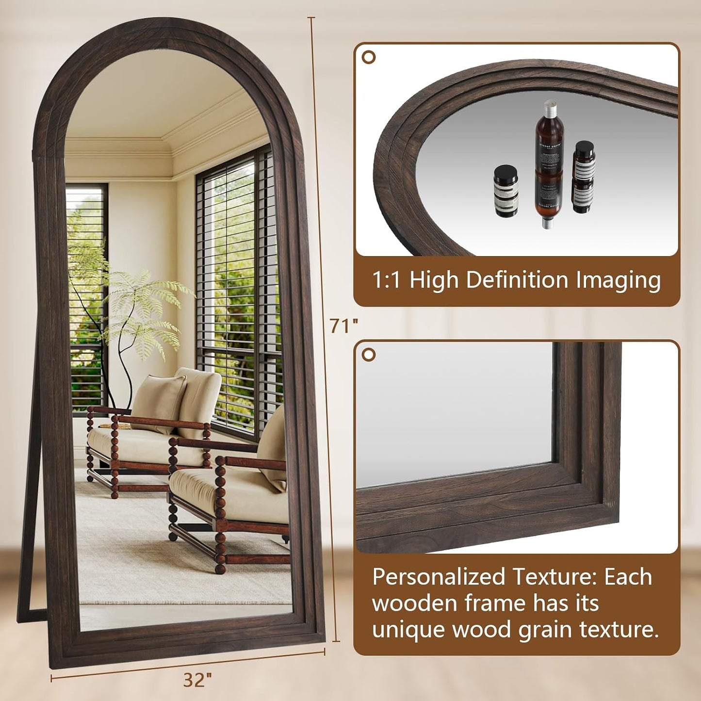 MELOMOIR Arched Full Length Mirror with Solid Wood Frame, 56"x21" Rustic Farmhouse Floor Mirror with Stand, Free Standing Leaning Hanging, for Bedroom Living Room Dressing Room Entryway, Brown