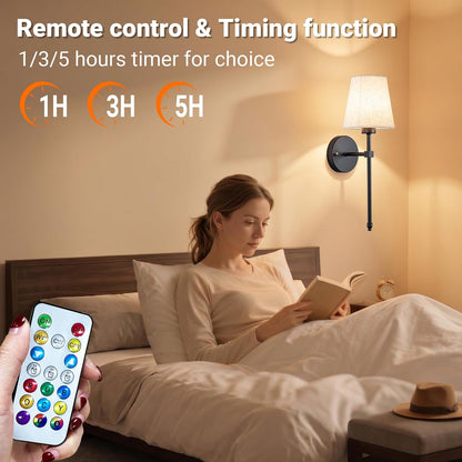 Battery Operated Wall Sconce Set Of Two with Remote Control, Indoor Not Hardwired Dimmable Battery Operated Wall Sconce Light Fixture with Fabric Linen Shade For Bedroom Living Room, Bulb Included ( C