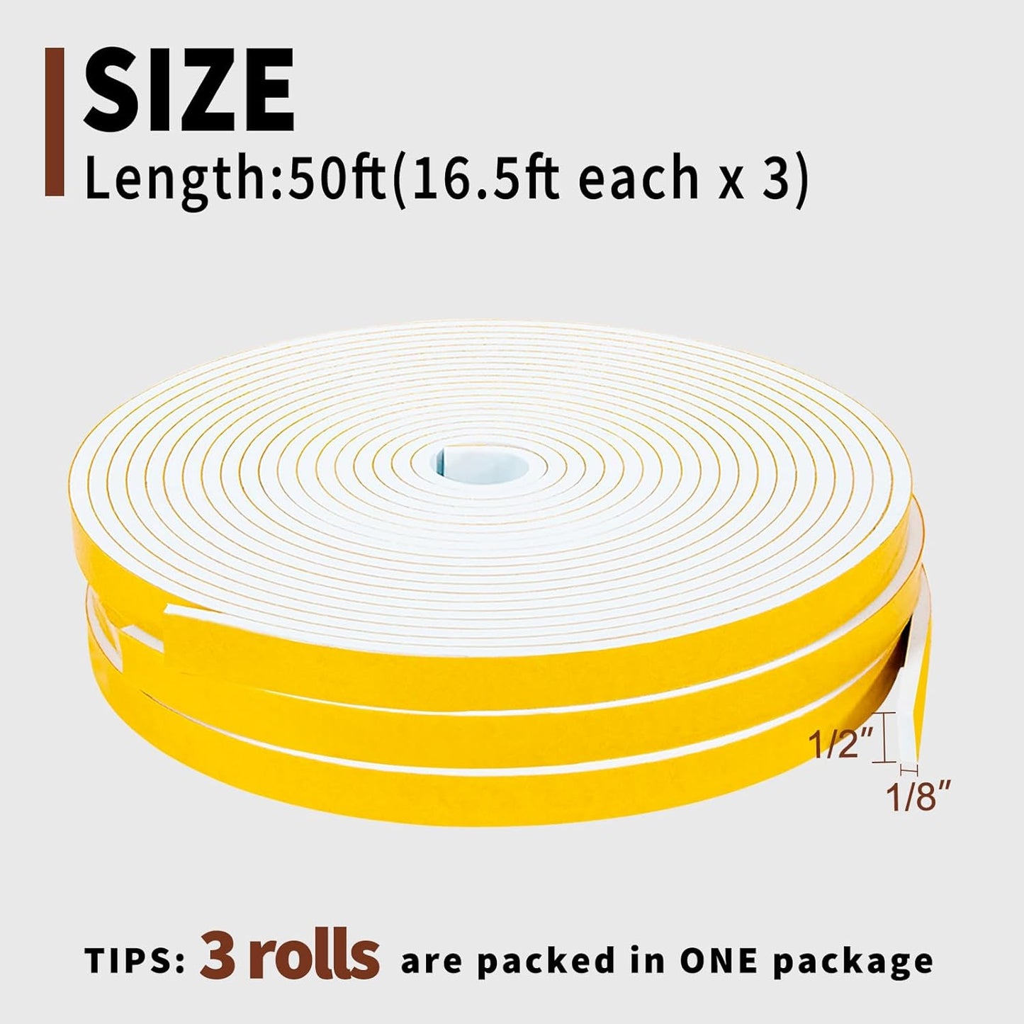 Yotache Weather Stripping Door Seal Strip White 3/8" x1/8", 50Ft Total, Foam Insulation Tape Gasket for Door Frame and Windows, 3 Rolls x 16.5Ft