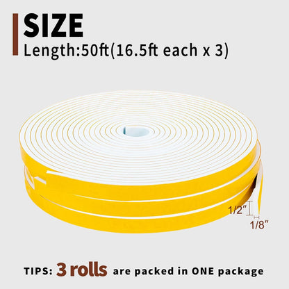 Yotache Weather Stripping Door Seal Strip White 3/8" x1/8", 50Ft Total, Foam Insulation Tape Gasket for Door Frame and Windows, 3 Rolls x 16.5Ft