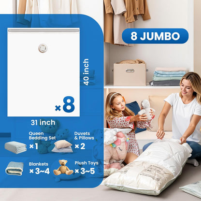 TAILI 8 Pack Vacuum Storage Bags, Jumbo Size (31×40 inch), Vacuum Seal Bags for Clothing, Bulky Bedding, Comforter, Blankets, Pillows, Space Saver Packing