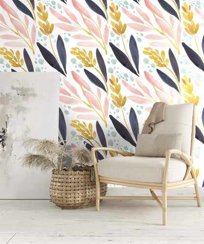 HAOKHOME Watercolor Forest Peel and Stick Wallpaper Removable White/Pink/Navy/Yellow Floral Vinyl Self Adhesive Shelf Liner 17.7in x 9.8ft