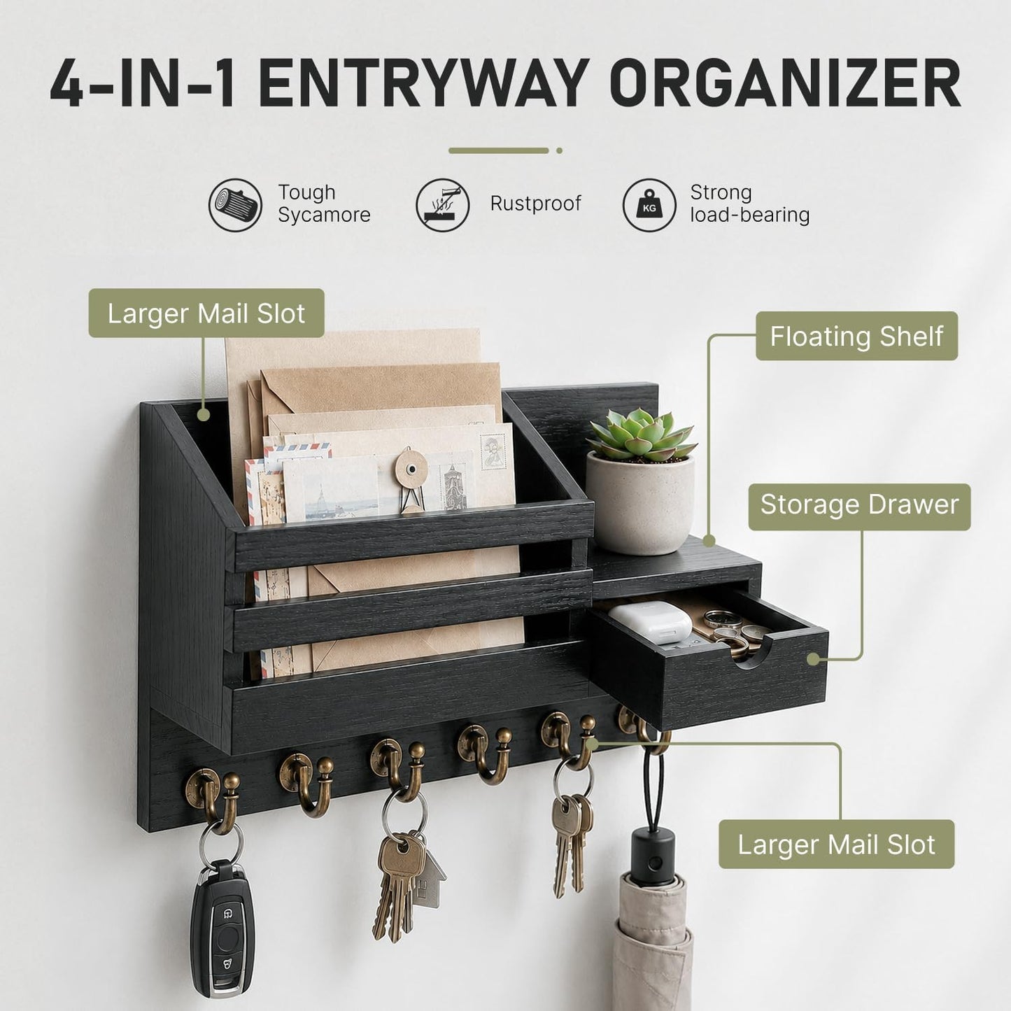 FifthQuarter Key Holder Wall Mount: Key and Mail Holder for Wall with 6 Hooks and Storage Drawer, Easy Installation Key Rack for Entryway Home Decor (A-White)