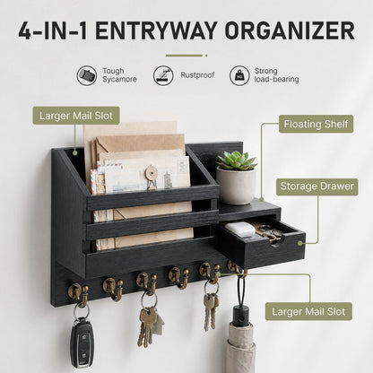 FifthQuarter Key Holder Wall Mount: Key and Mail Holder for Wall with 6 Hooks and Storage Drawer, Easy Installation Key Rack for Entryway Home Decor (A-White)