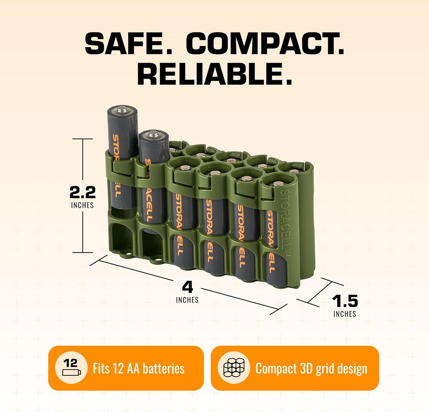 AA Battery Storage Caddy by Storacell, Orange, Holds 12 Batteries (Not included)