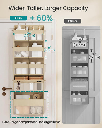 SONGMICS Over-the-Door Organizer, 9-Compartment Door Hanging Storage Shelf, Foldable Closet Hanging Organizer, Heavy-Duty, Metal Hooks, Transparent, Dove Gray URDH009GD01