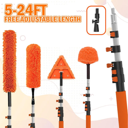 LAANPOLE 26FT Reach Dusters for Cleaning, Ceiling Fan Cleaner Duster with Extension Pole, Wall and Baseboard Cleaner Mop with Handle for Window Cobweb Fan Blade and High Ceiling
