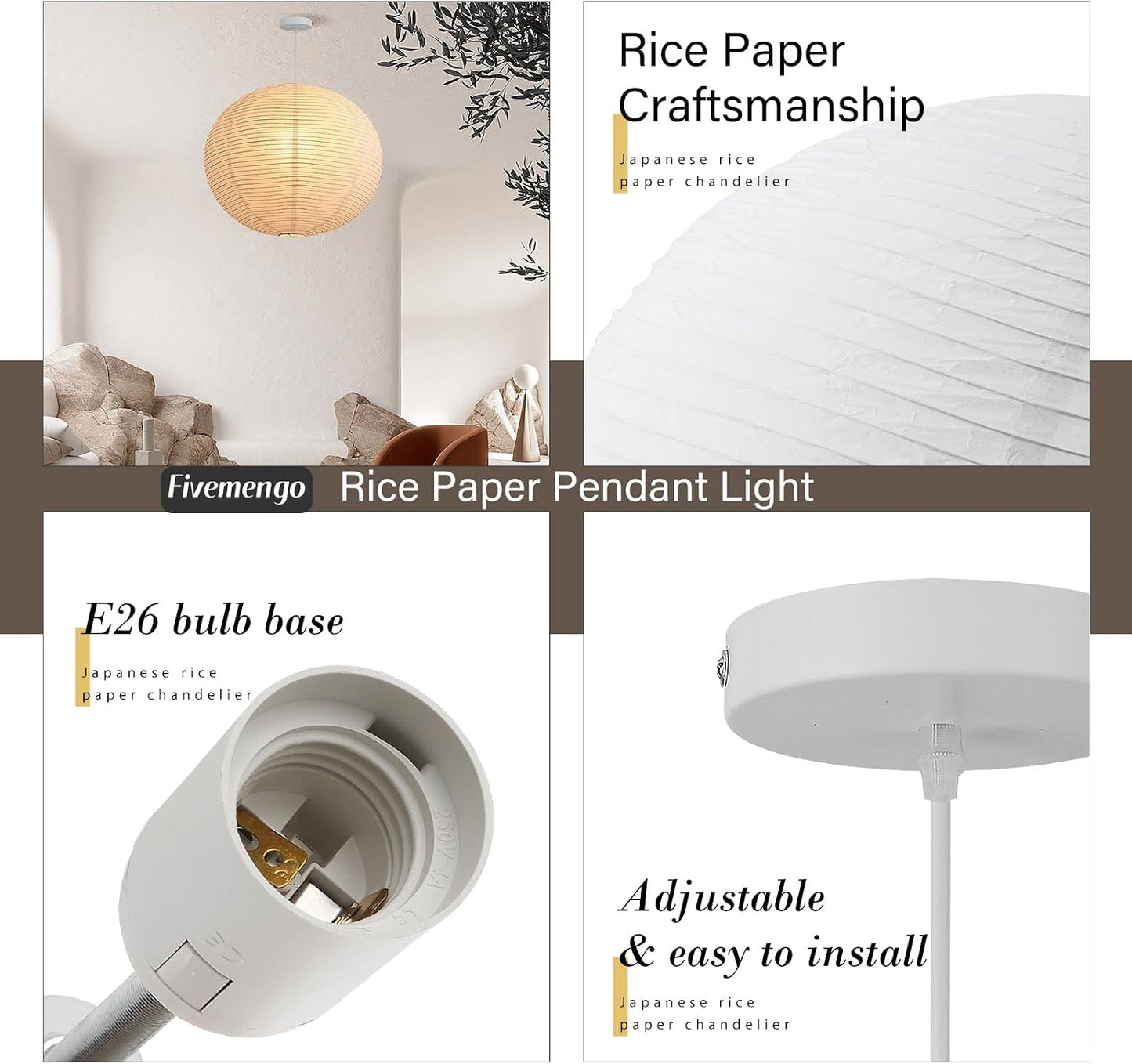 Large Rice Paper Pendant Light Kit, 20in White Globe Paper Lantern Lights, E26 Base, Japanese Hanging Lantern Lamp Japandi Chandelier for Dining Room Bedroom Office Living Room
