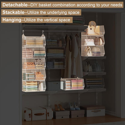 Jautokerdar 4 Tier Hanging Closet Organizer with Dividers,Extra Large Storage Hanging Shelf with 5 S Hooks 4 Dividers,Hang on Wire Closet Shelving Clothes Organizer-Black