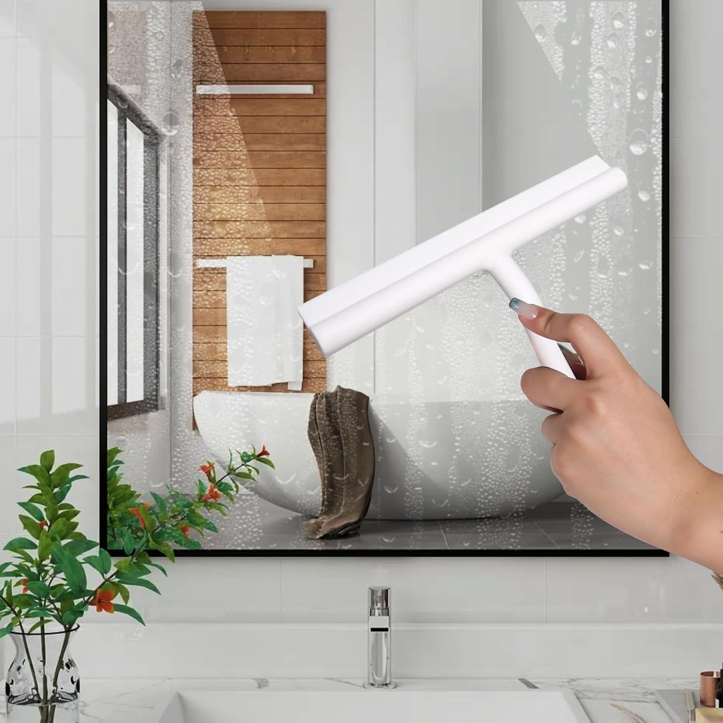 Squeegee for Shower Glass Doors, Resilient Loop - No-Drill & Adhesive Hook, Silicone Shower Squeegee with Stainless Steel Core, Cleaning Tool for Home, Kitchen, Bathroom & Car - Black