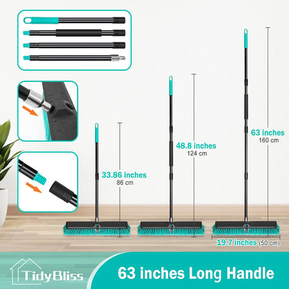 TidyBliss 3 Pack 18” Push Broom Outdoor Heavy Duty, Large Commercial Stiff Bristle Brush with 63 inches Long Handle for Garage Shop Garden Yard Patio Deck Street Warehouse Lawn Driveway (Green)