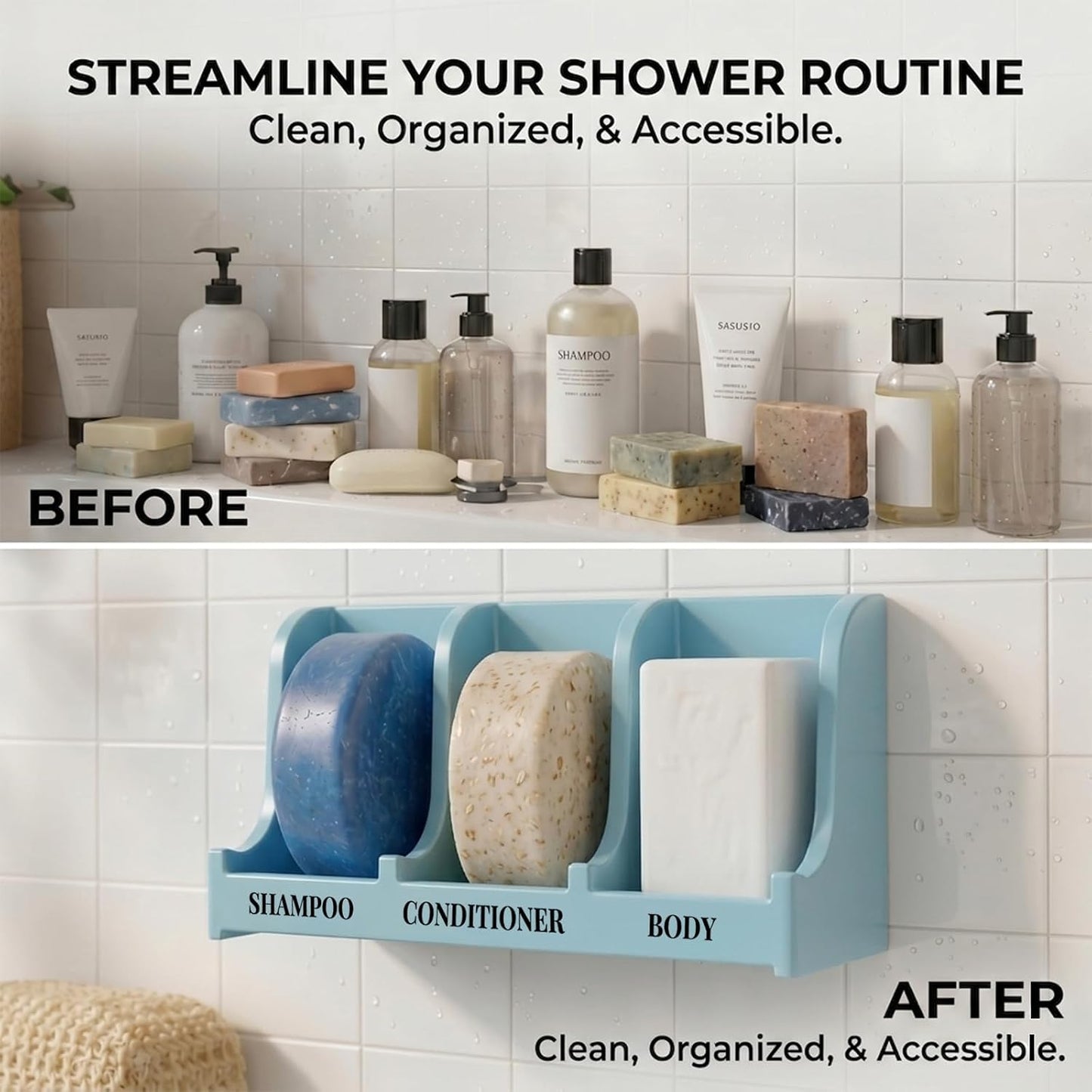 Soap Holder for Shower Wall, 3-Compartment Soap Dish for Shampoo, Conditioner and Body Soap, Fast Draining & Rust-Proof & Heavy Duty, Ultra-Strong Adhesive for Long-Term Bathroom Use & Freestanding