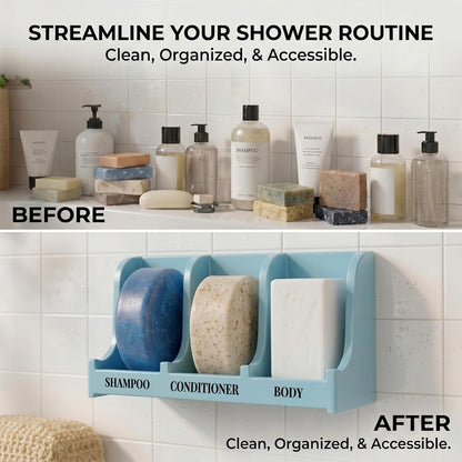 Soap Holder for Shower Wall, 3-Compartment Soap Dish for Shampoo, Conditioner and Body Soap, Fast Draining & Rust-Proof & Heavy Duty, Ultra-Strong Adhesive for Long-Term Bathroom Use & Freestanding
