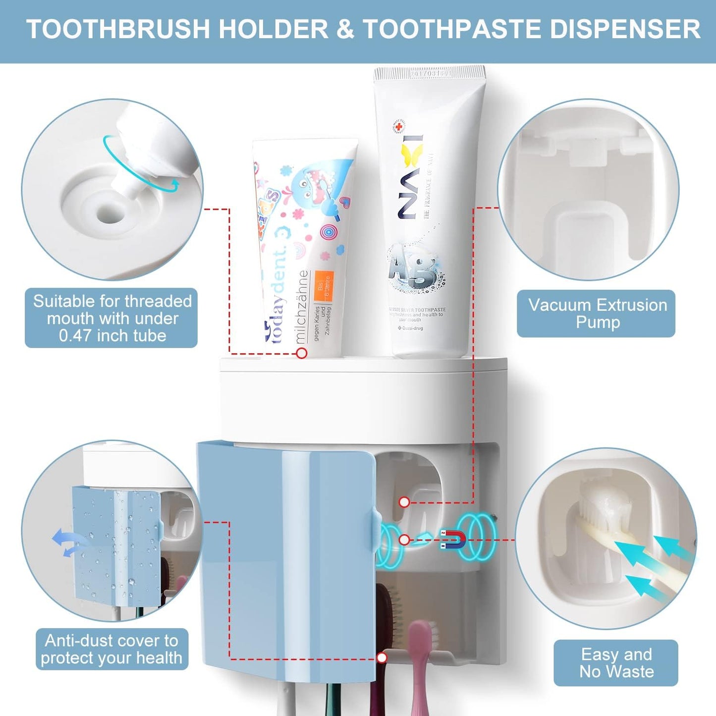 GFWARE Toothbrush Holder Toothpaste Dispenser Wall Mounted with Cover, 4 Slots Tooth Brush Storage Organizer with Automatic Kids Toothpaste Squeezers for Shower Bathroom Black