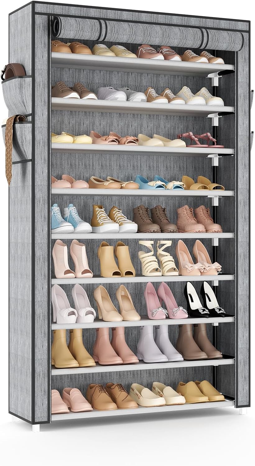 VILICK Shoe Rack with Cover Narrow Shoe Organizer with 4 Side Pockets 10 Tier Tall Shoe Storage Holds 18-22 Pairs Shoes and Boots Shoe Rack for Closet Entryway Garage