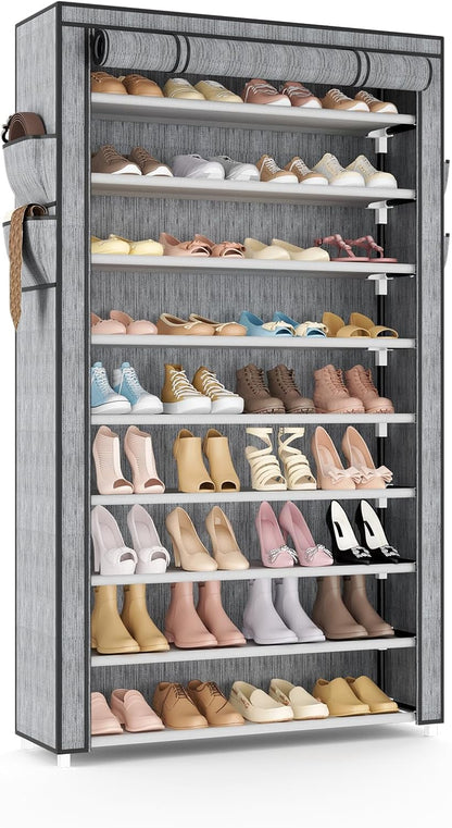 VILICK Shoe Rack with Cover Narrow Shoe Organizer with 4 Side Pockets 10 Tier Tall Shoe Storage Holds 18-22 Pairs Shoes and Boots Shoe Rack for Closet Entryway Garage