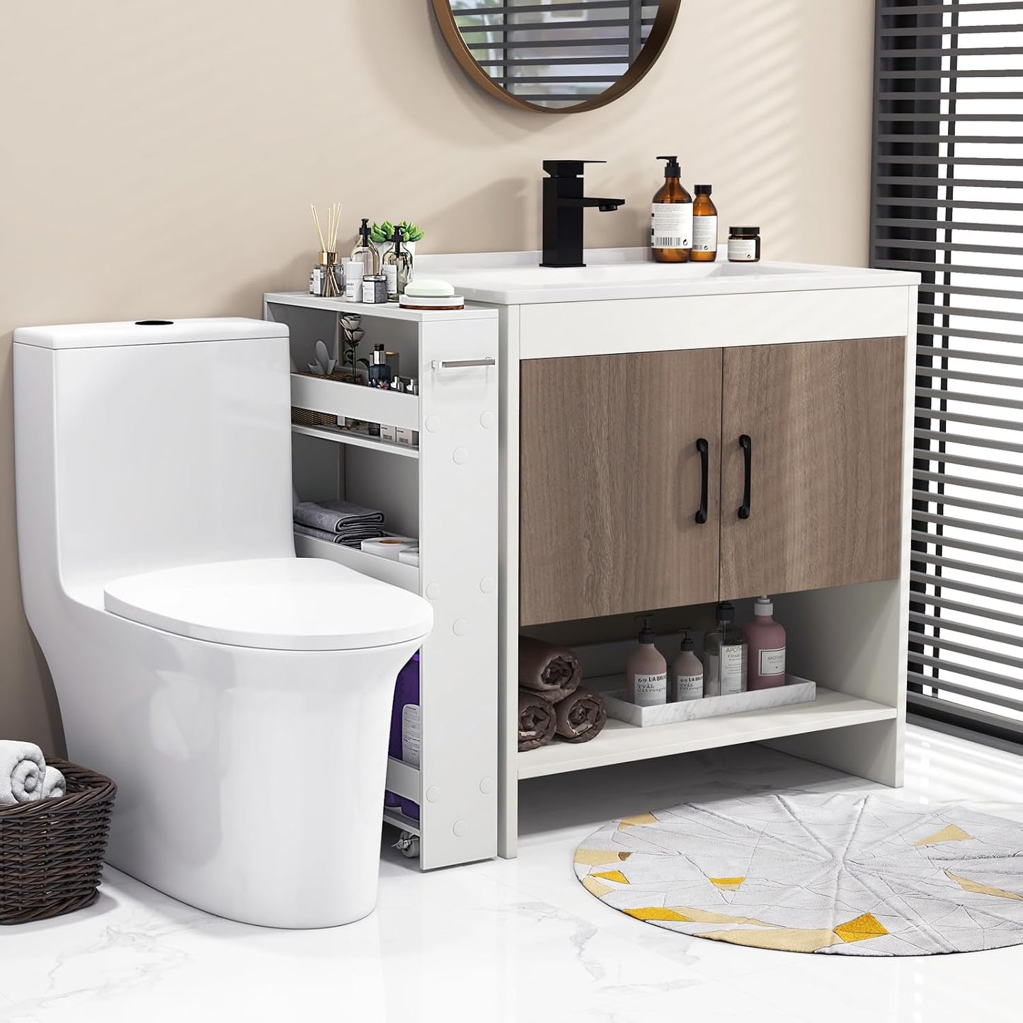 COSTWAY Slim Rolling Storage Cart, 4-Tier Rolling Utility Cart, Wood Kitchen Storage Cart with Handle & Wheels, Narrow Rolling Shelving Unit for Kitchen Bathroom Laundry Small Places (Plain White)