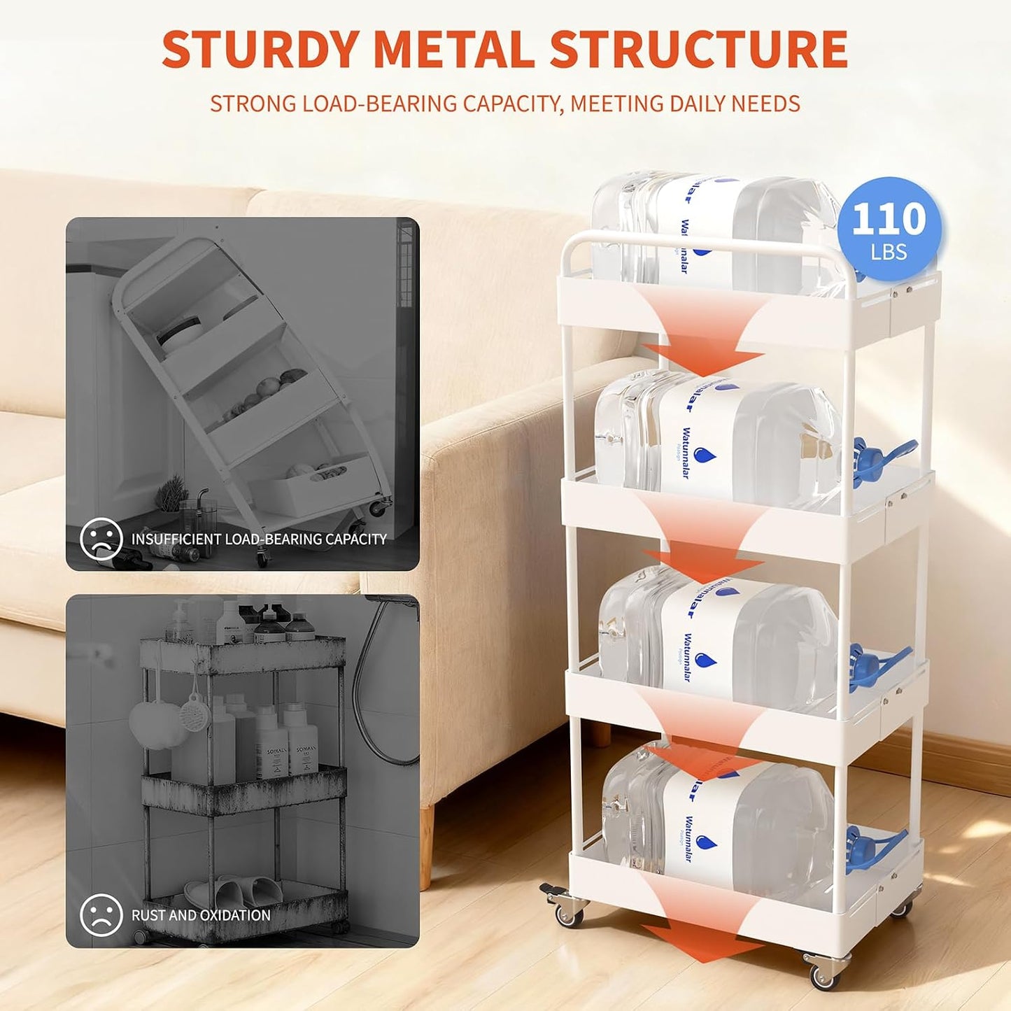 HOTEAGLE Three Tier Rolling Cart, Adjustable Width & High Adaptability | Metal Utility Storage Carts with Wheels, Ideal Storage Organizer for Livingroom, Kitchen and Bathroom