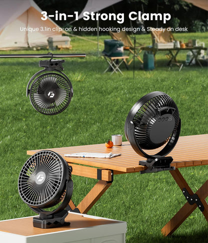 40000mAh Clip on Fan for Golf Cart - 8-inch Portable Rechargeable Fans - Max Up to 127Hrs Work Time - Battery Operated Fan with LED, Remote, Timers, Hook for Office, Desk, Camping, Treadmill, Tent