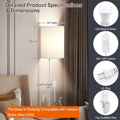Battery Operated Wall Sconce Set of Two: 10000mAh Wireless Wall Light with Rechargeable Magnetic Bulb - Dimmable Wall Lamp with 7 RGB Colors - Linen Shade Sconces with Remote for Bedroom Living Room