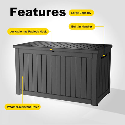 320 Gallon Waterproof Outdoor Storage Box, UV Resistant Resin Deck Box with Hydraulic Rod for Reinforced Stability, Perfect for Patio, Garden, and Pool（Black，320 Gallon）