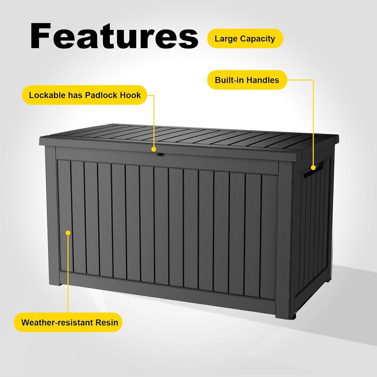 PatioZen 100 Gallon Resin Deck Box, Lockable Patio Outdoor Storage Box for Furniture, Garden Tools and Tools Storage, Waterproof Outside Storage Boxes - Black