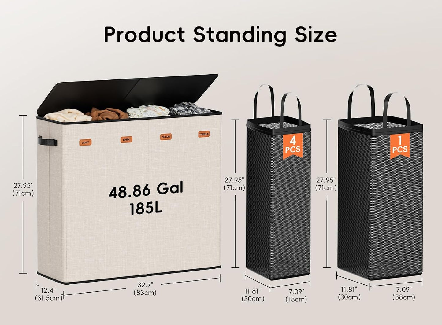 185L Laundry Hamper 3 Section, Laundry Hamper with Lid, Dirty Clothes Hamper with 3 Removable Washing Bags, Extra Large Laundry Basket Organizer for Bedroom, Laundry Room, Dorm - Black