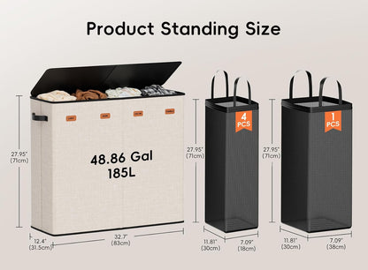 185L Laundry Hamper 3 Section, Laundry Hamper with Lid, Dirty Clothes Hamper with 3 Removable Washing Bags, Extra Large Laundry Basket Organizer for Bedroom, Laundry Room, Dorm - Black