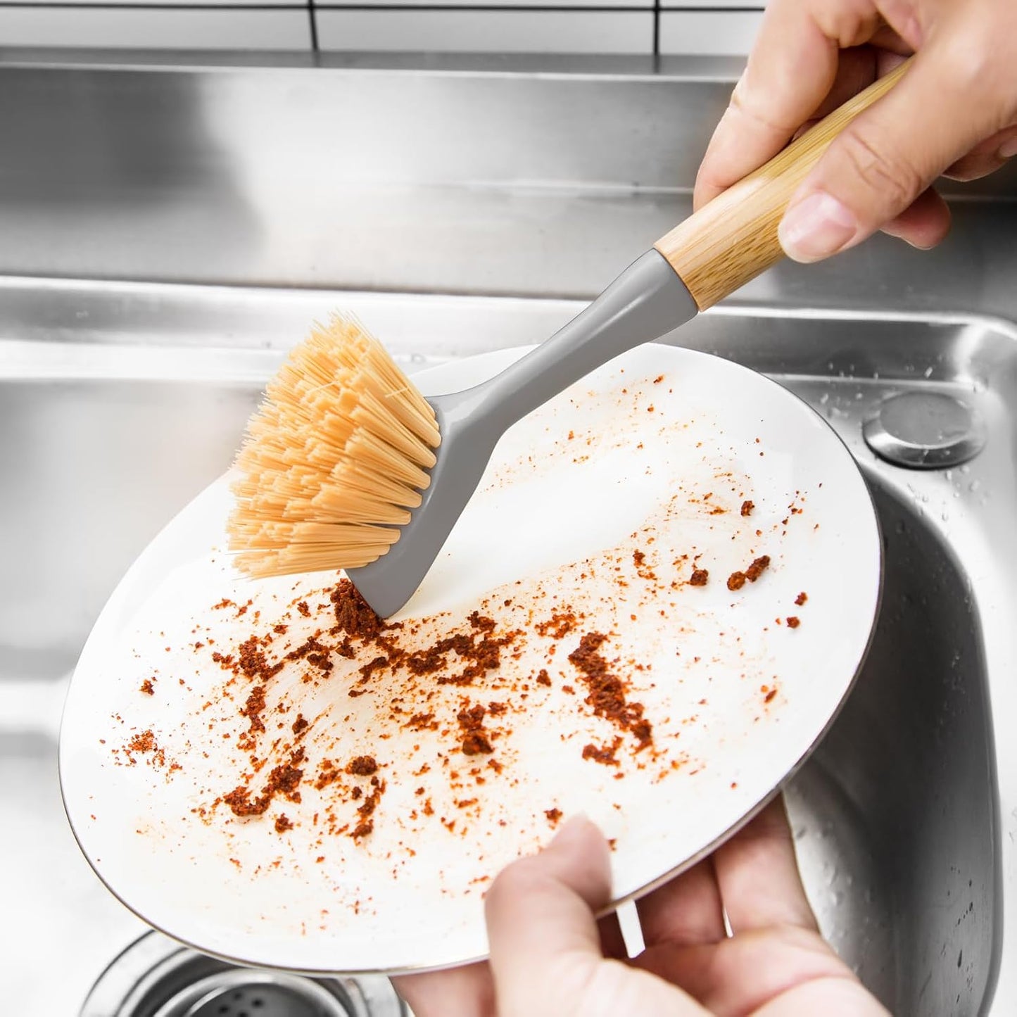 FunCee 2 Pack Kitchen Dish Brushes with Bamboo Handle, Dish Scrubber Built-in Scraper, Scrub Brush for Pans, Pots, Counter & Kitchen Sink Cleaning, Dishwashing and Cleaning Brush Tools, White