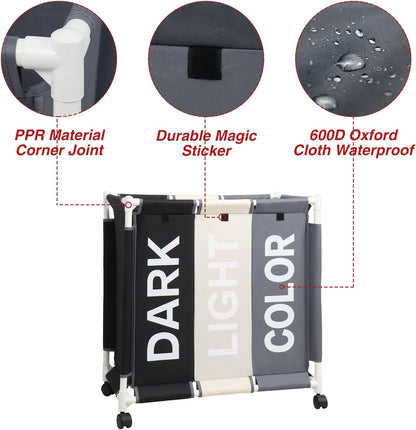 Laundry Basket 3 Section Freestanding Laundry Hamper Dirty Clothes Basket Sorter with Lid and Rolling Wheel, White+Dark+Grey