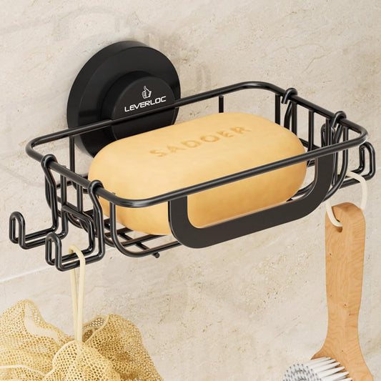 LEVERLOC Bar Soap Holder for Shower with Hooks, Suction Cup Soap Dish Rustproof Stainless Steel for Bathroom Accessories, Sponge Saver Black