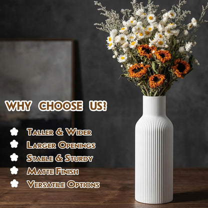 White Ceramic Flower Vases Set of 3, Modern Matte Vertical Ribbed, Nordic Minimalist Decor for Pampas, Dried & Fresh Flowers, Centerpiece for Living Room, Shelf, Entryway, Wedding,Office