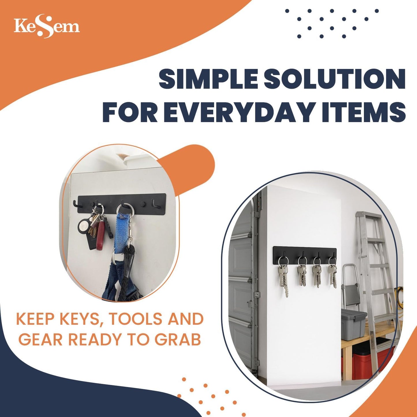 KESEM Key Holder Wall Mount, Key Rack with 4 Hooks for Wall/Door Mounted Metal Keys Rail Hanger, 2 Installation Options Self Adhesive or Screws, Black