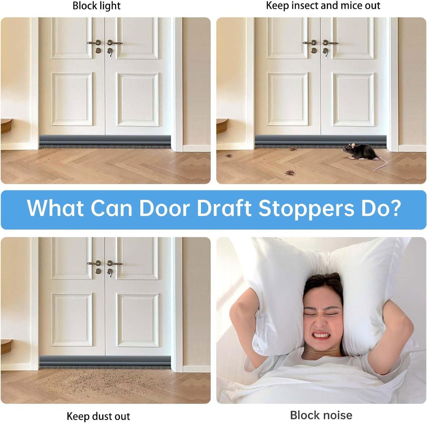 2-Pack Door Draft Stoppers with Brush, Door Sweep for Exterior/Interior Doors - Soundproof, Dust/Noise/Hot or Cold Air Insulation, 2" W x 39" L (White)