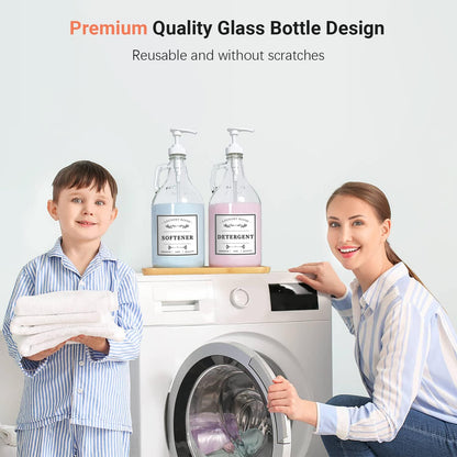Glass Laundry Detergent Dispenser, Liquid Laundry Soap Dispenser for Laundry Room, 64oz Detergent Bleach Softener Dispenser for Farmhouse Decor, Includes Pumps, Funnel, Labels and Bamboo Tray