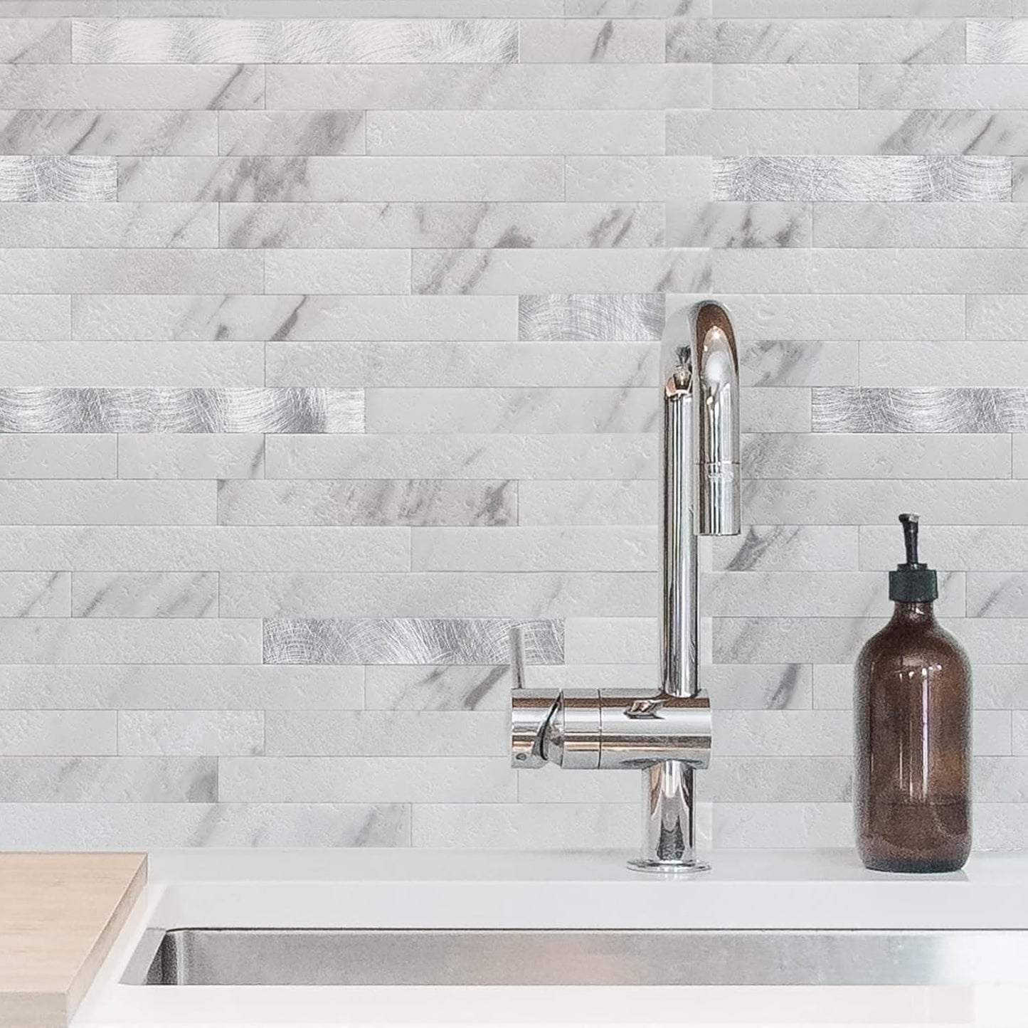 Art3d 10-Sheet Peel and Stick Backsplash Tile for Kitchen Bathroom Fireplace Laundry Room in White Slate with Gold Studded