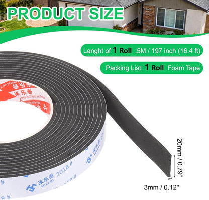 PATIKIL Sponge Rubber Foam Tape, 5/8" W x 1/8" t x 16.4ft l Self-Adhesive Foam Insulation Tape Weather Stripping for Window Door Soundproofing Weatherstrip AC Seal Strip, Black