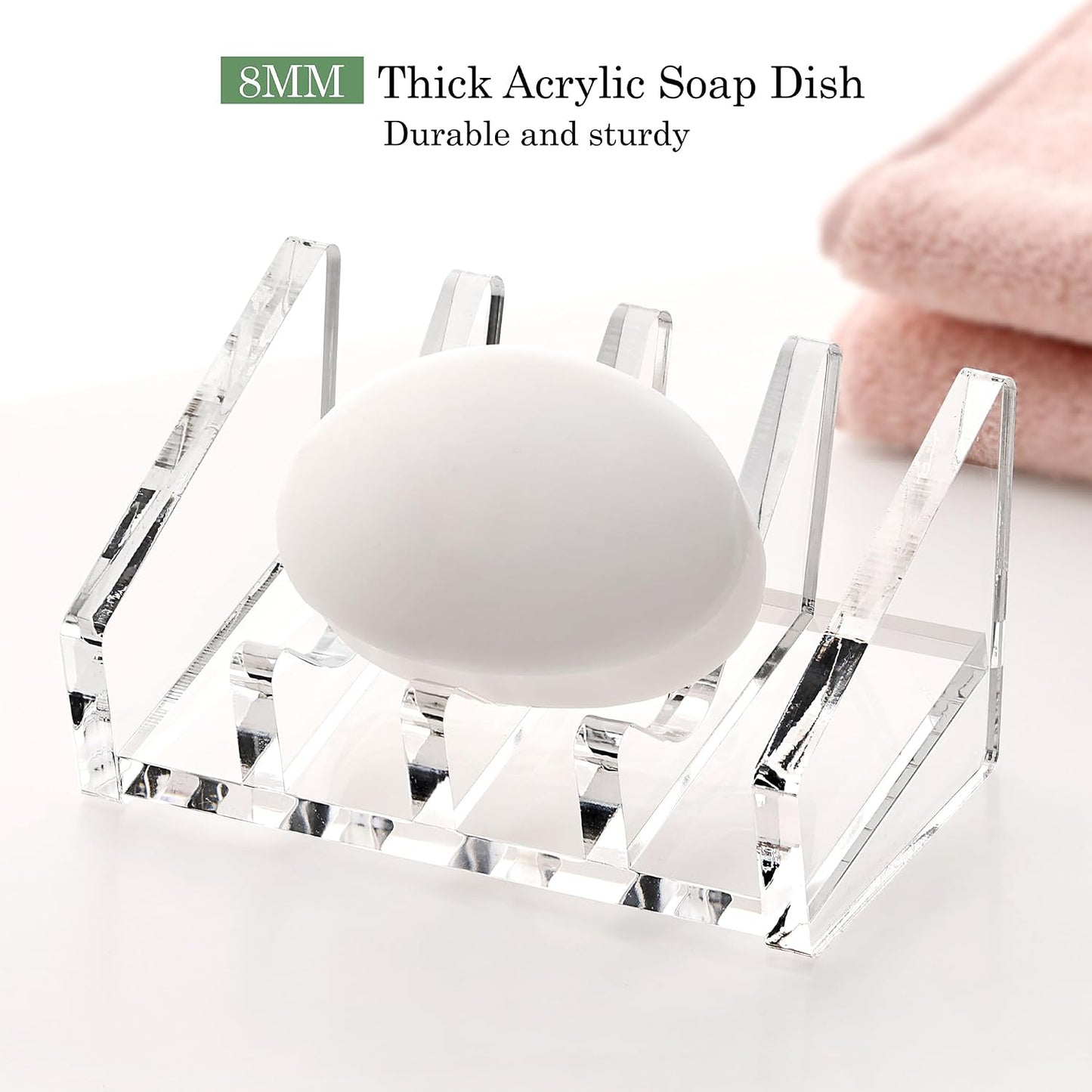 Acrylic Bar Soap Holder, 8MM Thick Clear Anti-Slip Self Draining Soap Dish for Shower, Bathroom, Kitchen, Bath Tub, Countertop, Easy Clean