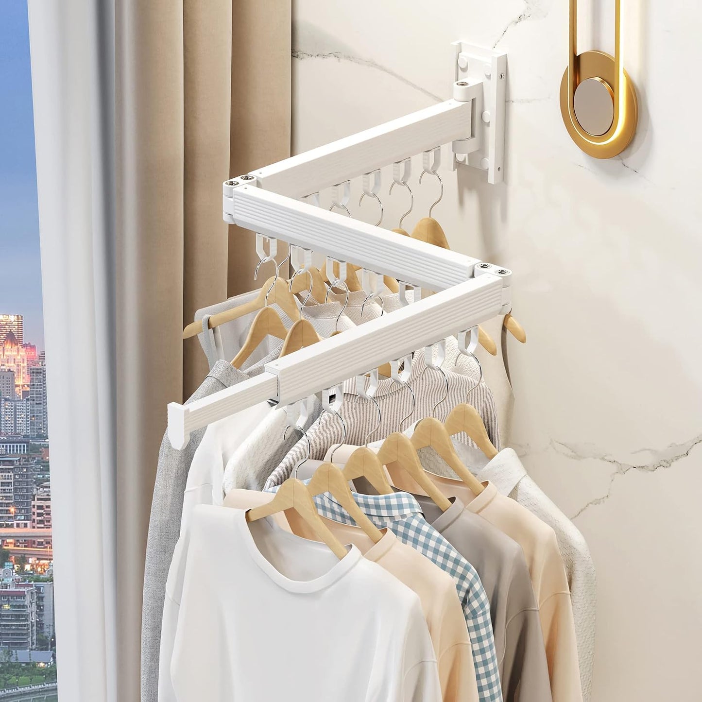 Wall Mounted Tri-Fold Clothes Drying Rack, Heavy Duty Collapsible Laundry Drying Rack, Space-Saving Retractable Foldable Drying Rack Clothes for Laundry Room Balcony Bathroom,Black-Hooks