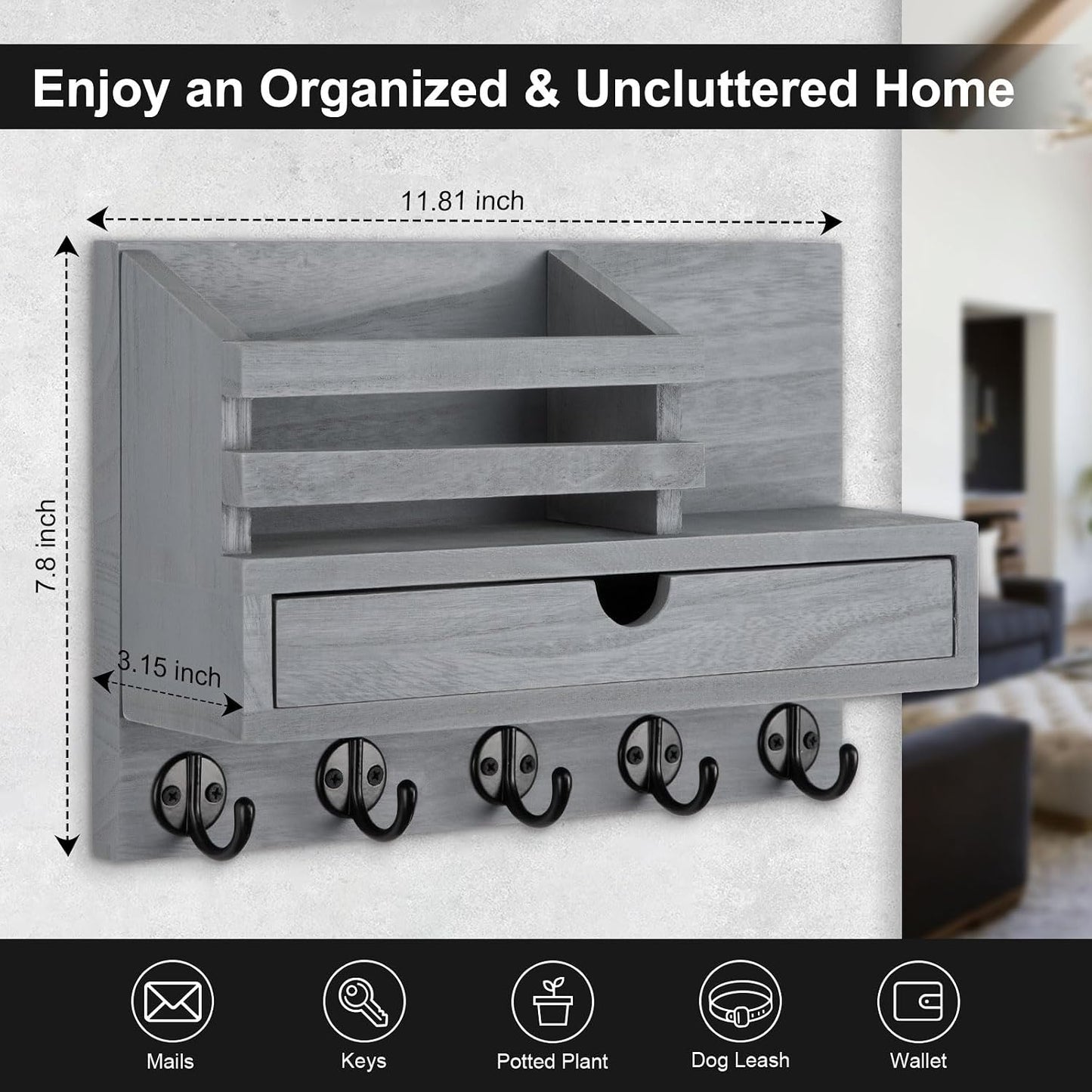 Key Holder Wall Mount, Mail Holder with Storage Drawer and 5 Key Hooks for Coat, Dog Leash, Home Decor Rack, House Accessories, Entry Way Organizer