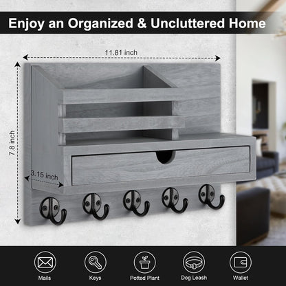 Key Holder Wall Mount, Mail Holder with Storage Drawer and 5 Key Hooks for Coat, Dog Leash, Home Decor Rack, House Accessories, Entry Way Organizer