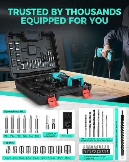 COMOWARE Household Tool Set with 20V Cordless Drill Driver, 120Pcs Hand Tool Kit for Men, Power Drill Set with Plastic Toolbox, Ideal for Office, Garden, DIY Project