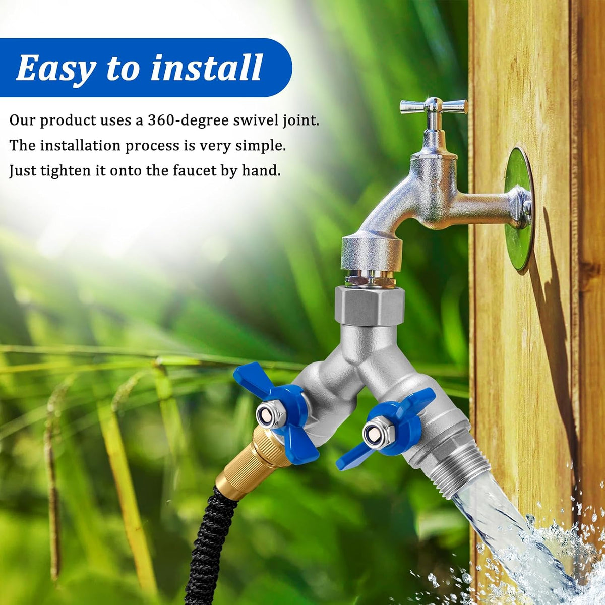 Garden Hose Splitter 2 Way, Heavy Duty Brass Hose Splitter, 3/4" GHT Hose Y Splitter with Shutoff, Full Flow Outdoor Faucet Splitter, Water Hose Y Valve Tap Adapter