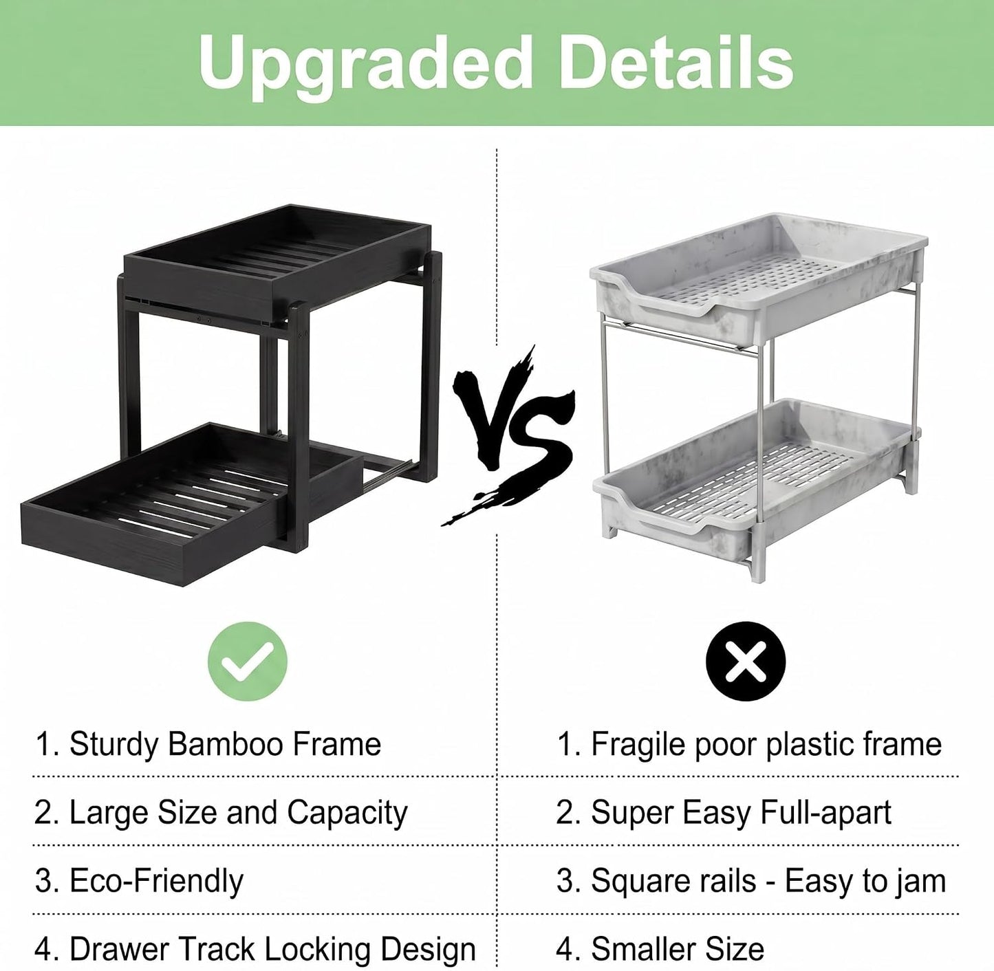 Bamboo Under Sink Organizer and Storage, 2 Pack Pull Out Cabinet Organization, 2 Tier Vertical Slide Out Undersink Storage Shelf, Multi-Purpose Organizer Shelves for Kitchen Bathroom Medicine