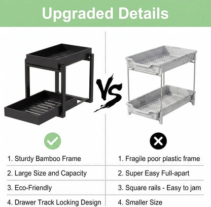 Bamboo Under Sink Organizer and Storage, 2 Pack Pull Out Cabinet Organization, 2 Tier Vertical Slide Out Undersink Storage Shelf, Multi-Purpose Organizer Shelves for Kitchen Bathroom Medicine