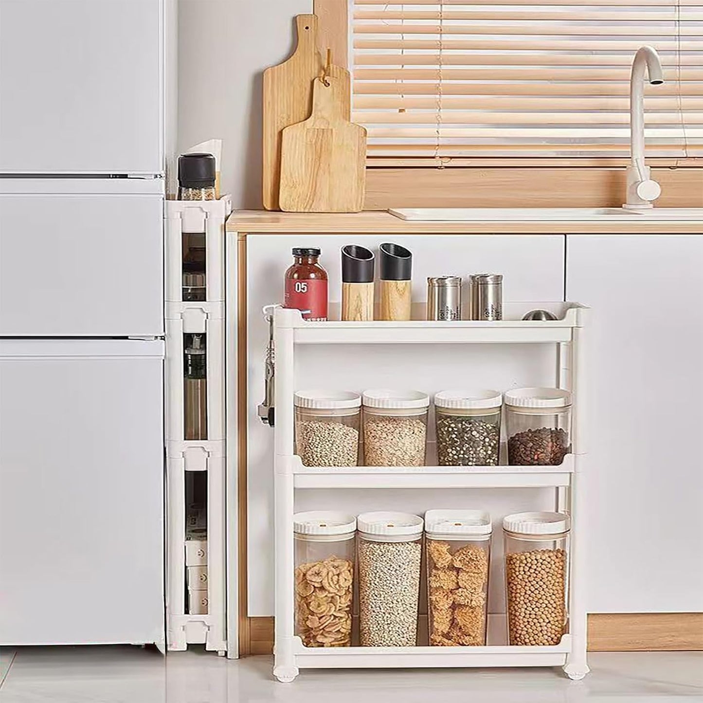 Slim Rolling Storage Cart with Wheels, Narrow Bathroom Cabinet Organizer for Small Spaces,Thin Shelf Unit,Kitchen,White (3 Tier)
