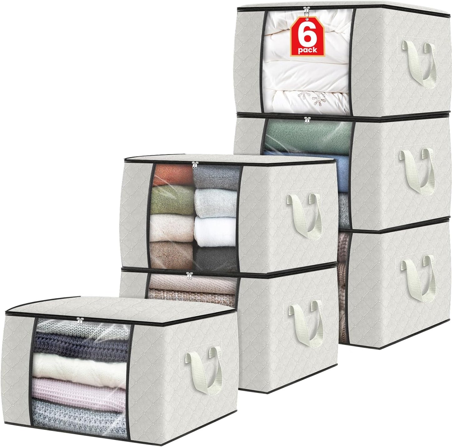 Fab totes 6 Pack Storage Bags for Clothes and Blanket, Foldable Closet Organizers and Storage with Zippers, Clear Window and Handles, Fabric Storage Bins for Sweater, Comforter, Bedding,Linen Sheets