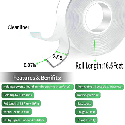 Jwxstore Extra Large Double Sided Tape Heavy Duty Removable 0.79 Inch x 196 Inch, Clear & Tough Nano Tape, Multipurpose Mounting Tape Picture Hanging Strips Adhesive for Carpet Poster