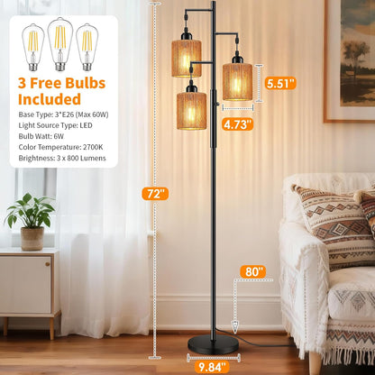 Hotsonic 72" Tall Boho Rattan Style Floor Lamp with Hand-Woven Paper Cord Shade, Dimmable Industrial Tree Standing Lamp for Living Room, Bedroom, Study Room, Office (3 x 800LM Bulbs Included) - Black
